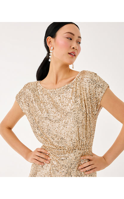 AYLIN SEQUIN MIDI DRESS, GOLD METALLIC TREASURE BOX SEQUIN KNIT