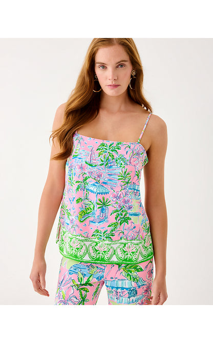 CAROLINE SLEEVELESS TOP, CONCH SHELL PINK SUNNY DEE ENGINEERED WOVEN TOP
