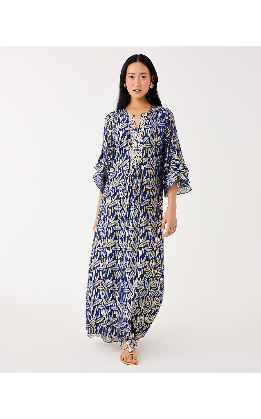 BELLINA SILK MAXI CAFTAN, LOW TIDE NAVY LEAFY BABE METALLIC SILK CLIP