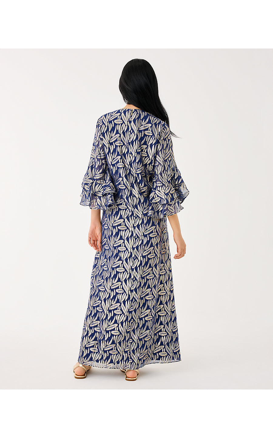 BELLINA SILK MAXI CAFTAN, LOW TIDE NAVY LEAFY BABE METALLIC SILK CLIP