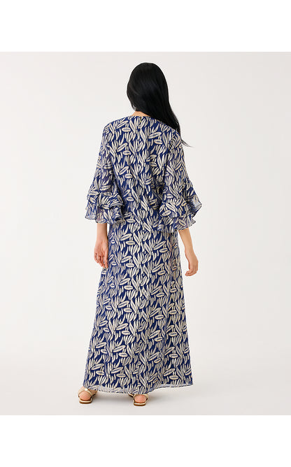 BELLINA SILK MAXI CAFTAN, LOW TIDE NAVY LEAFY BABE METALLIC SILK CLIP