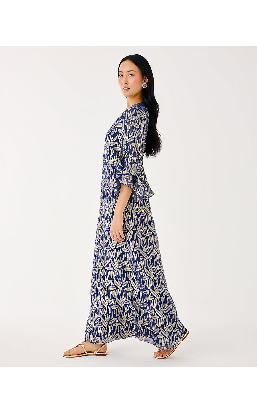 BELLINA SILK MAXI CAFTAN, LOW TIDE NAVY LEAFY BABE METALLIC SILK CLIP