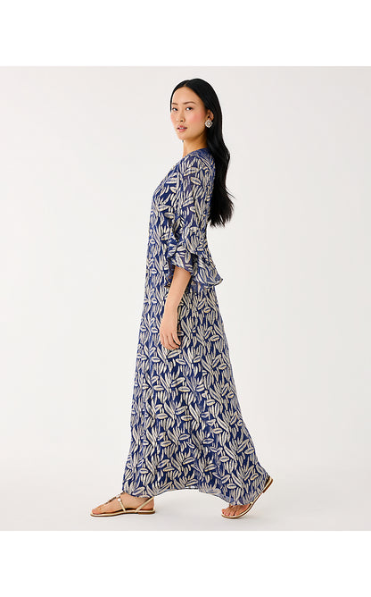BELLINA SILK MAXI CAFTAN, LOW TIDE NAVY LEAFY BABE METALLIC SILK CLIP