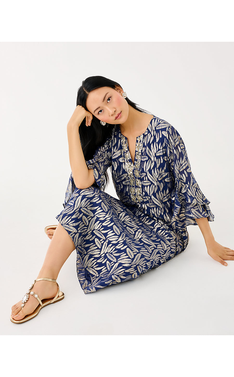 BELLINA SILK MAXI CAFTAN, LOW TIDE NAVY LEAFY BABE METALLIC SILK CLIP