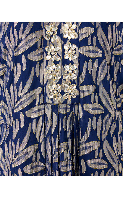 BELLINA SILK MAXI CAFTAN, LOW TIDE NAVY LEAFY BABE METALLIC SILK CLIP