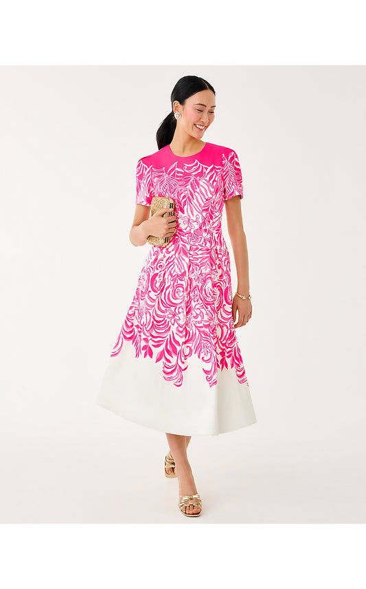 LORADONNA STRETCH MIDI DRESS, SUN SHELL PINK FESTIVE FRONDS ENGINEERED WOVEN DRESS