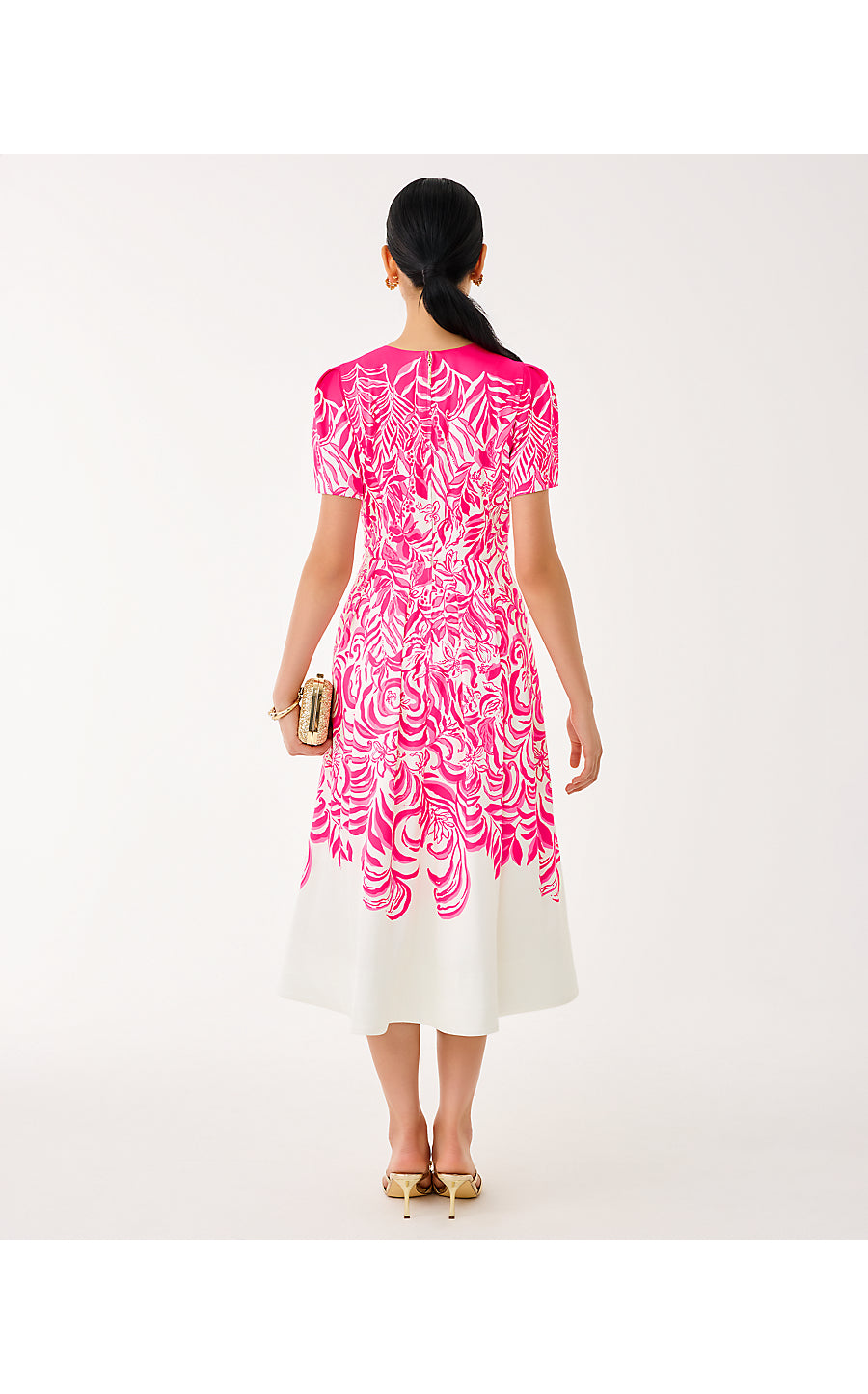 LORADONNA STRETCH MIDI DRESS, SUN SHELL PINK FESTIVE FRONDS ENGINEERED WOVEN DRESS