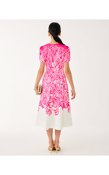 LORADONNA STRETCH MIDI DRESS, SUN SHELL PINK FESTIVE FRONDS ENGINEERED WOVEN DRESS