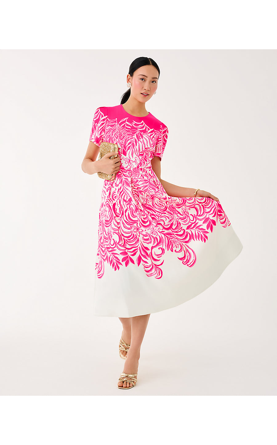 LORADONNA STRETCH MIDI DRESS, SUN SHELL PINK FESTIVE FRONDS ENGINEERED WOVEN DRESS