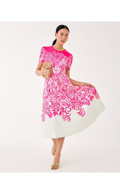 LORADONNA STRETCH MIDI DRESS, SUN SHELL PINK FESTIVE FRONDS ENGINEERED WOVEN DRESS