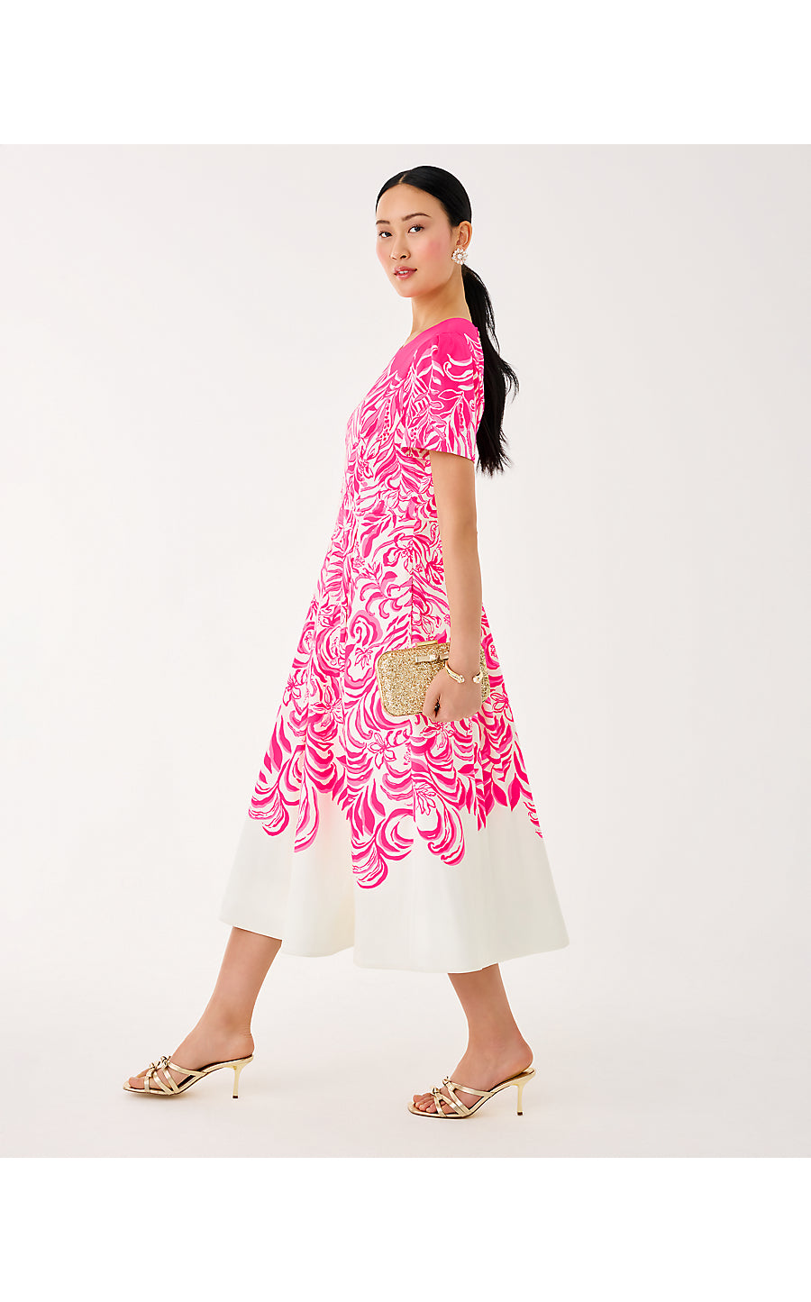 LORADONNA STRETCH MIDI DRESS, SUN SHELL PINK FESTIVE FRONDS ENGINEERED WOVEN DRESS