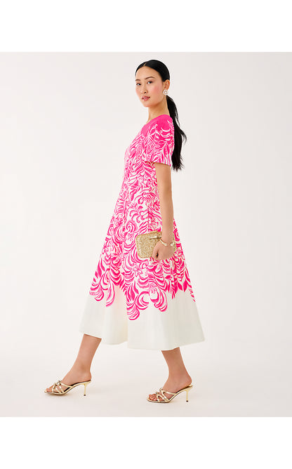 LORADONNA STRETCH MIDI DRESS, SUN SHELL PINK FESTIVE FRONDS ENGINEERED WOVEN DRESS