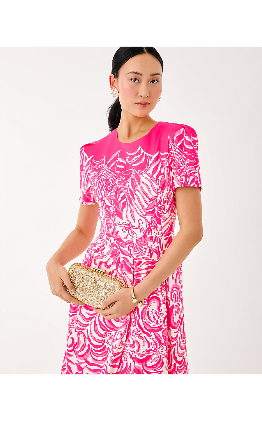 LORADONNA STRETCH MIDI DRESS, SUN SHELL PINK FESTIVE FRONDS ENGINEERED WOVEN DRESS