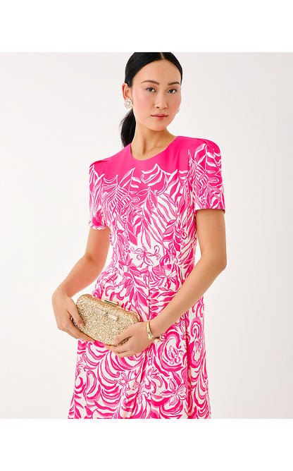 LORADONNA STRETCH MIDI DRESS, SUN SHELL PINK FESTIVE FRONDS ENGINEERED WOVEN DRESS