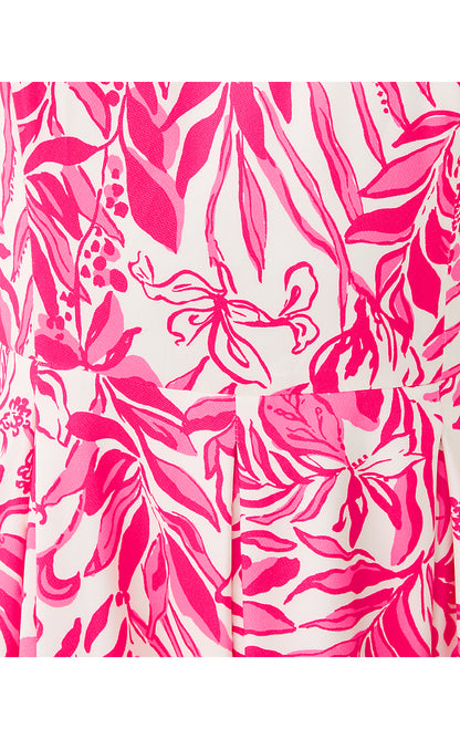 LORADONNA STRETCH MIDI DRESS, SUN SHELL PINK FESTIVE FRONDS ENGINEERED WOVEN DRESS