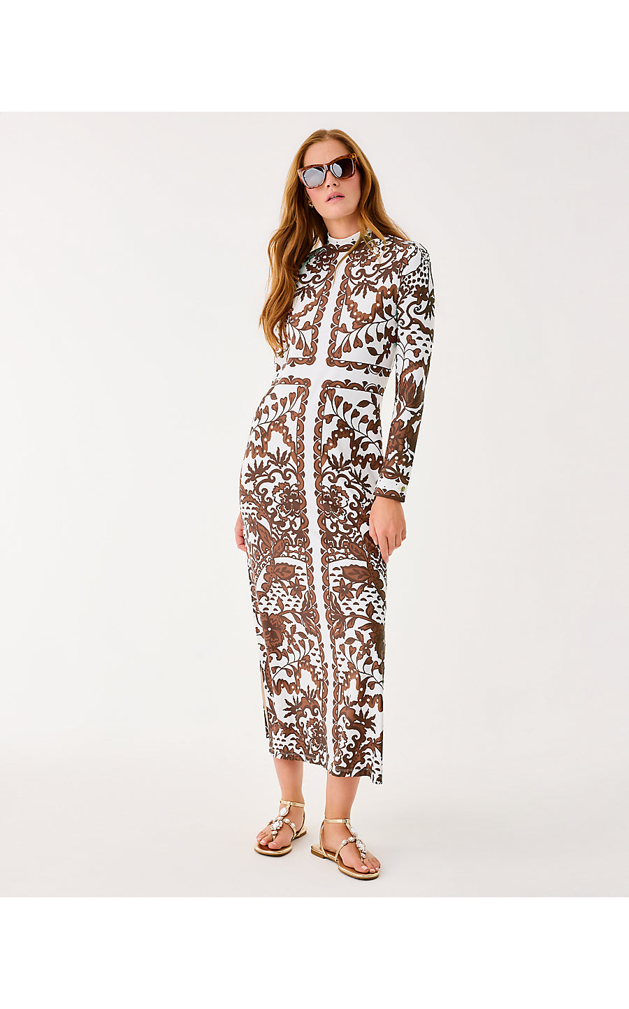 QUINN UPF 50+ MAXI DRESS, BEACHCOMBER BROWN SPICY SOCIALITE ENGINEERED CHILLYLILLY