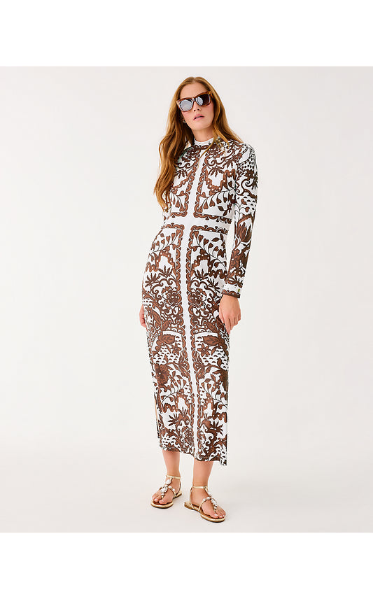 QUINN UPF 50+ MAXI DRESS, BEACHCOMBER BROWN SPICY SOCIALITE ENGINEERED CHILLYLILLY