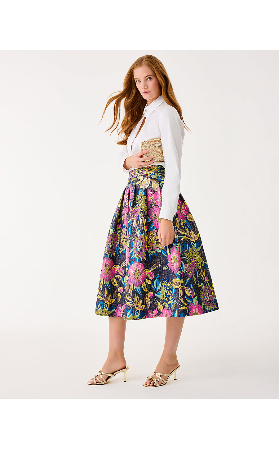 ELYCE MIDI SKIRT, MULTI CANOPY BLOOMS FLORAL JACQUARD