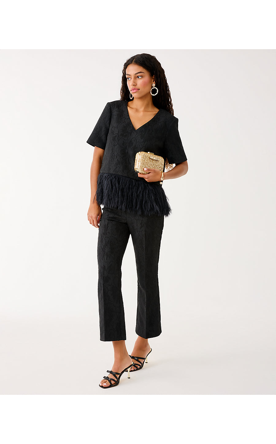 JARRAE HIGH RISE CROP FLARE PANT, NOIR EXPLODED FLOWER STRETCH JACQUARD