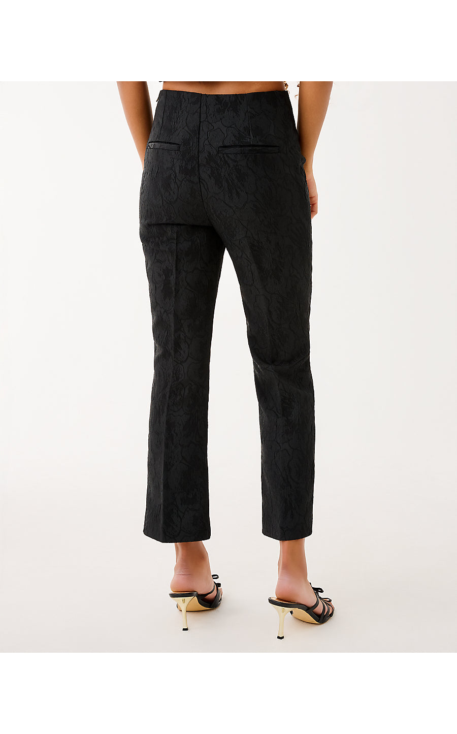 JARRAE HIGH RISE CROP FLARE PANT, NOIR EXPLODED FLOWER STRETCH JACQUARD