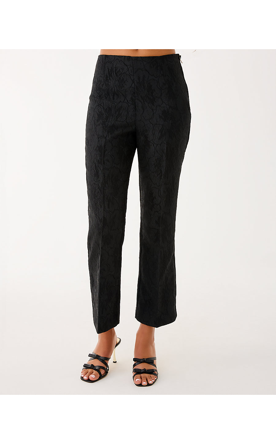 JARRAE HIGH RISE CROP FLARE PANT, NOIR EXPLODED FLOWER STRETCH JACQUARD