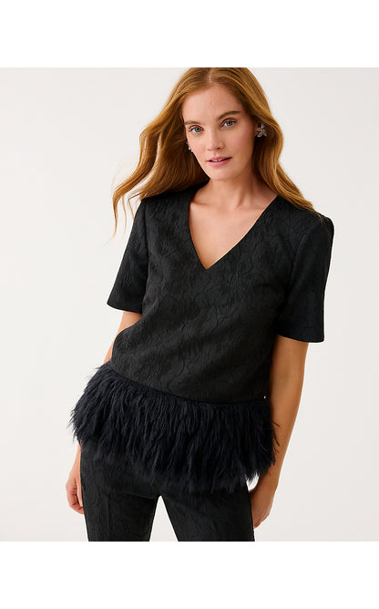 RYLAN V-NECK TOP, NOIR EXPLODED FLOWER STRETCH JACQUARD