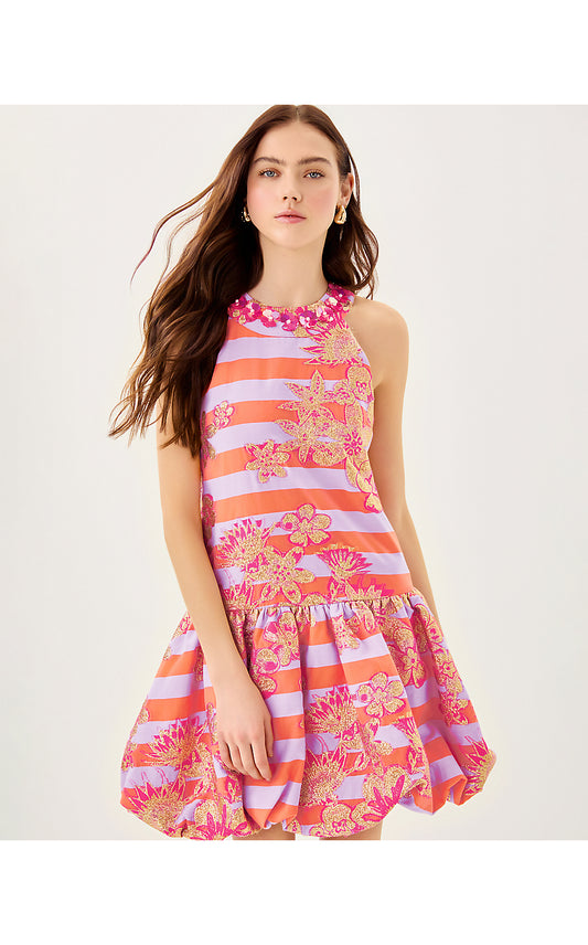 ASHLYNN DRESS, PAPAYA METALLIC FLORAL STRIPE JACQUARD