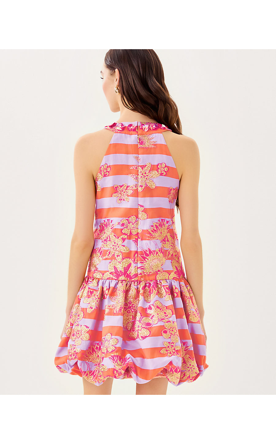 ASHLYNN DRESS, PAPAYA METALLIC FLORAL STRIPE JACQUARD