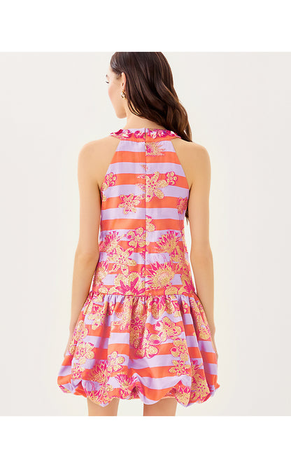ASHLYNN DRESS, PAPAYA METALLIC FLORAL STRIPE JACQUARD