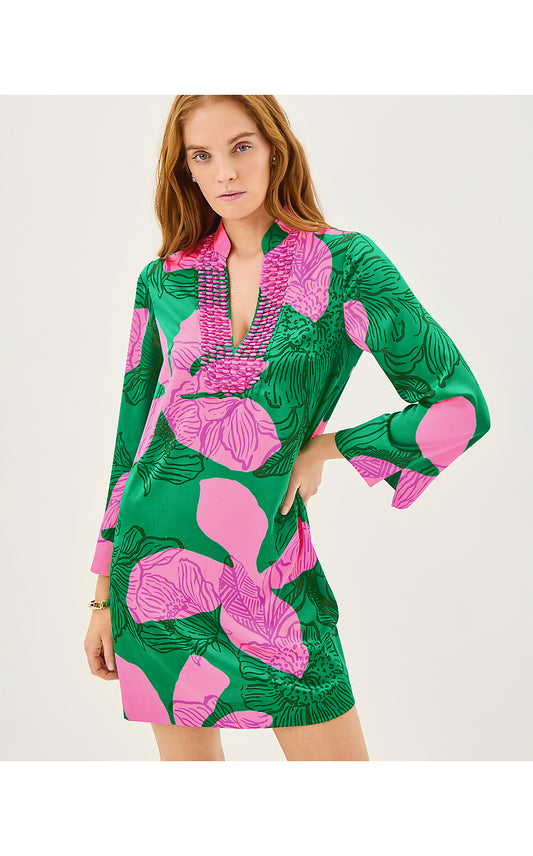 IRELLA CAFTAN DRESS, KITTS GREEN OVERSIZED SUNSET SHADOWS