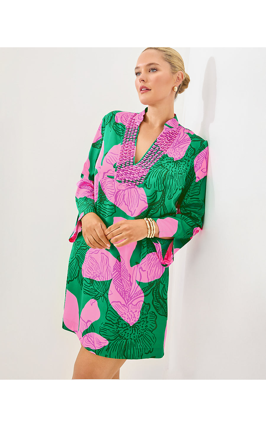IRELLA CAFTAN DRESS, KITTS GREEN OVERSIZED SUNSET SHADOWS