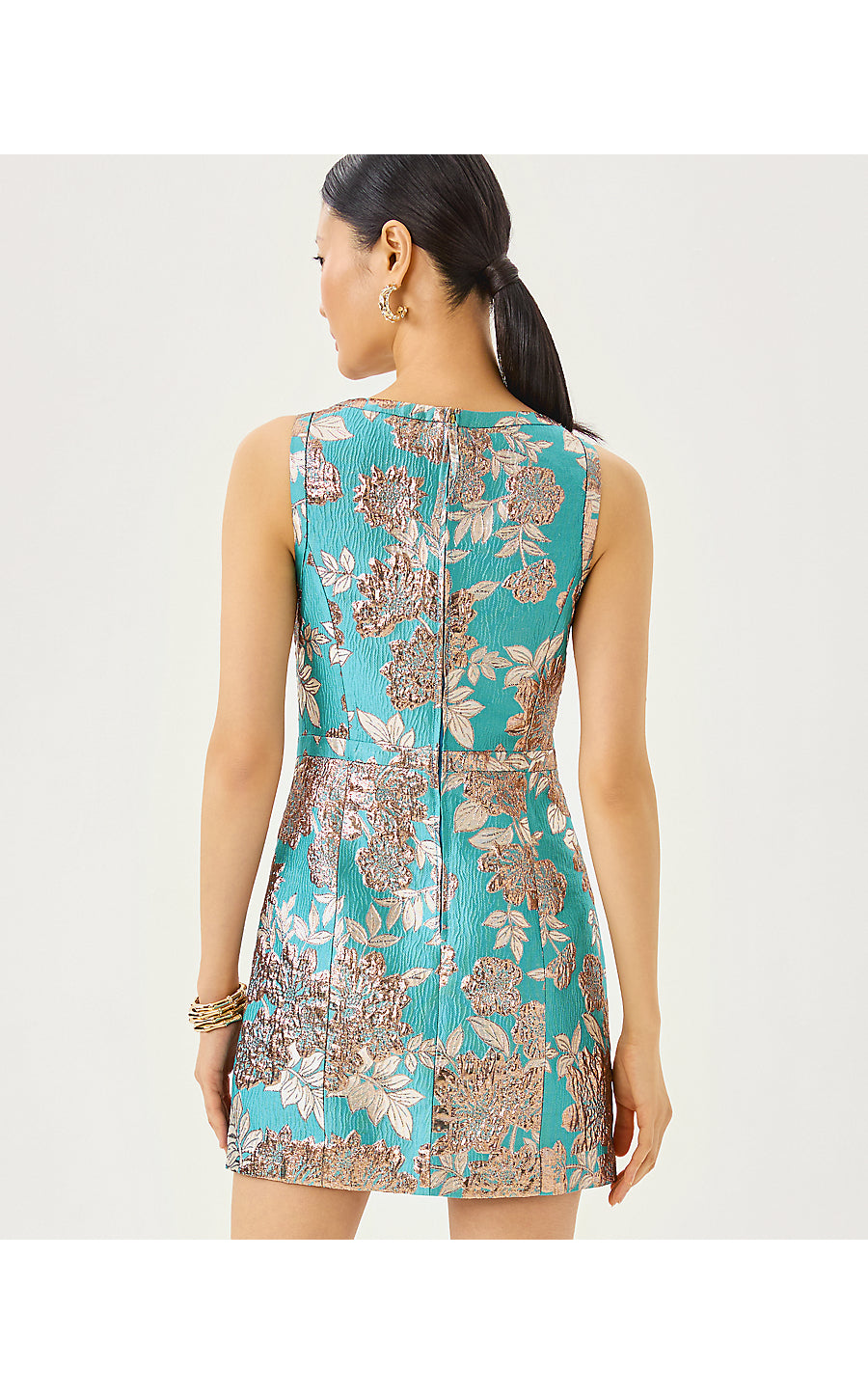 CAITIE SKIRTED BOTTOM ROMPER, TANGIER TEAL FLORAL FLING METALLIC JACQUARD