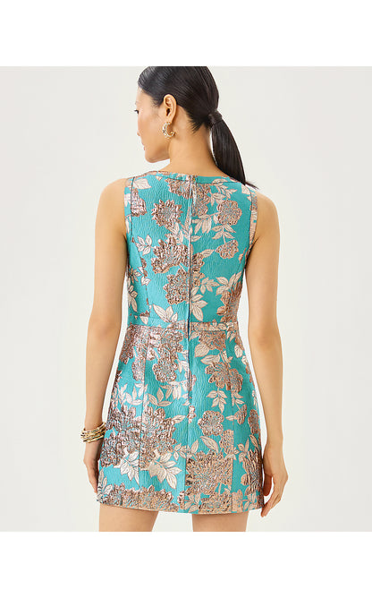 CAITIE SKIRTED BOTTOM ROMPER, TANGIER TEAL FLORAL FLING METALLIC JACQUARD