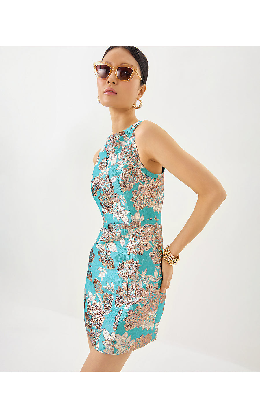CAITIE SKIRTED BOTTOM ROMPER, TANGIER TEAL FLORAL FLING METALLIC JACQUARD