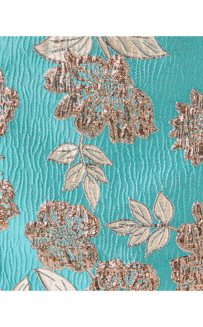 CAITIE SKIRTED BOTTOM ROMPER, TANGIER TEAL FLORAL FLING METALLIC JACQUARD