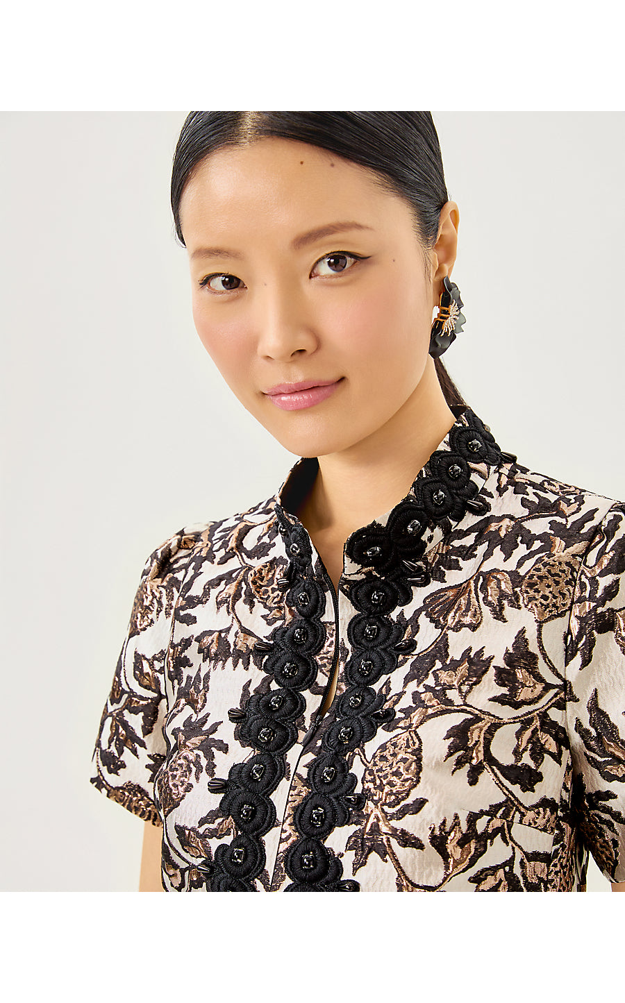 TEDDY JACQUARD SHIFT, NOIR PINEAPPLE PUFF METALLIC JACQUARD