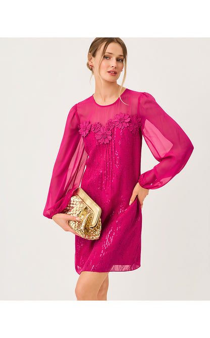 GAIL SILK DRESS, BERRY BOUQUET FISH CLIP CHIFFON