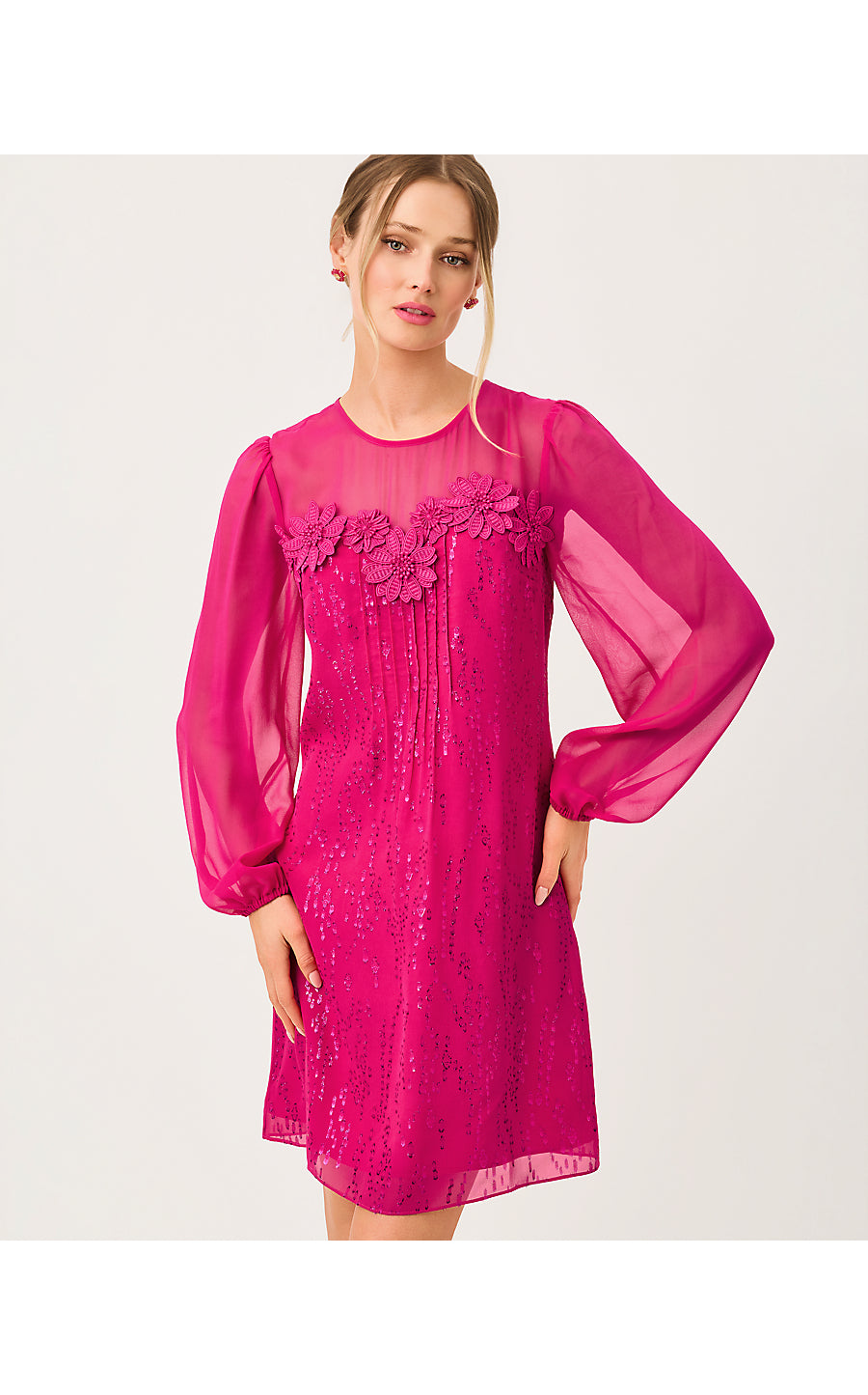 GAIL SILK DRESS, BERRY BOUQUET FISH CLIP CHIFFON