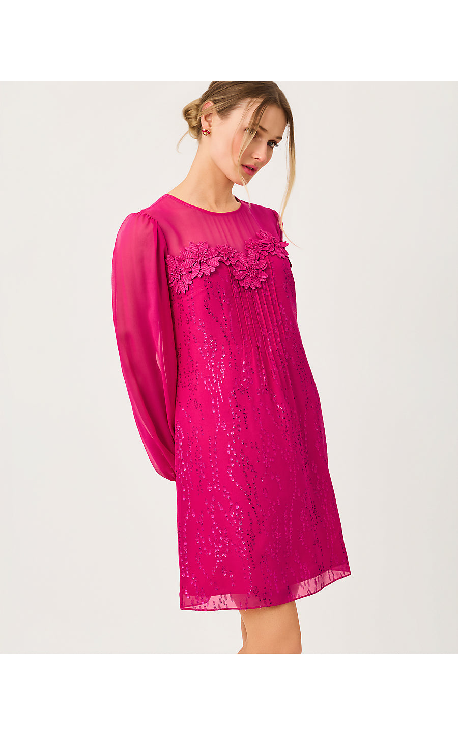 GAIL SILK DRESS, BERRY BOUQUET FISH CLIP CHIFFON