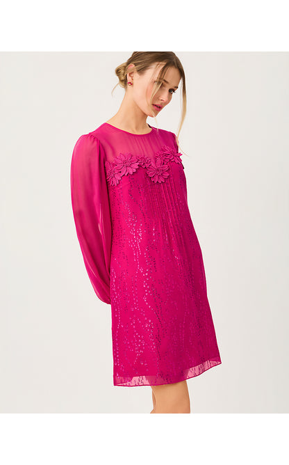 GAIL SILK DRESS, BERRY BOUQUET FISH CLIP CHIFFON