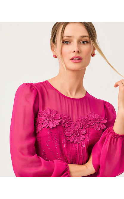 GAIL SILK DRESS, BERRY BOUQUET FISH CLIP CHIFFON
