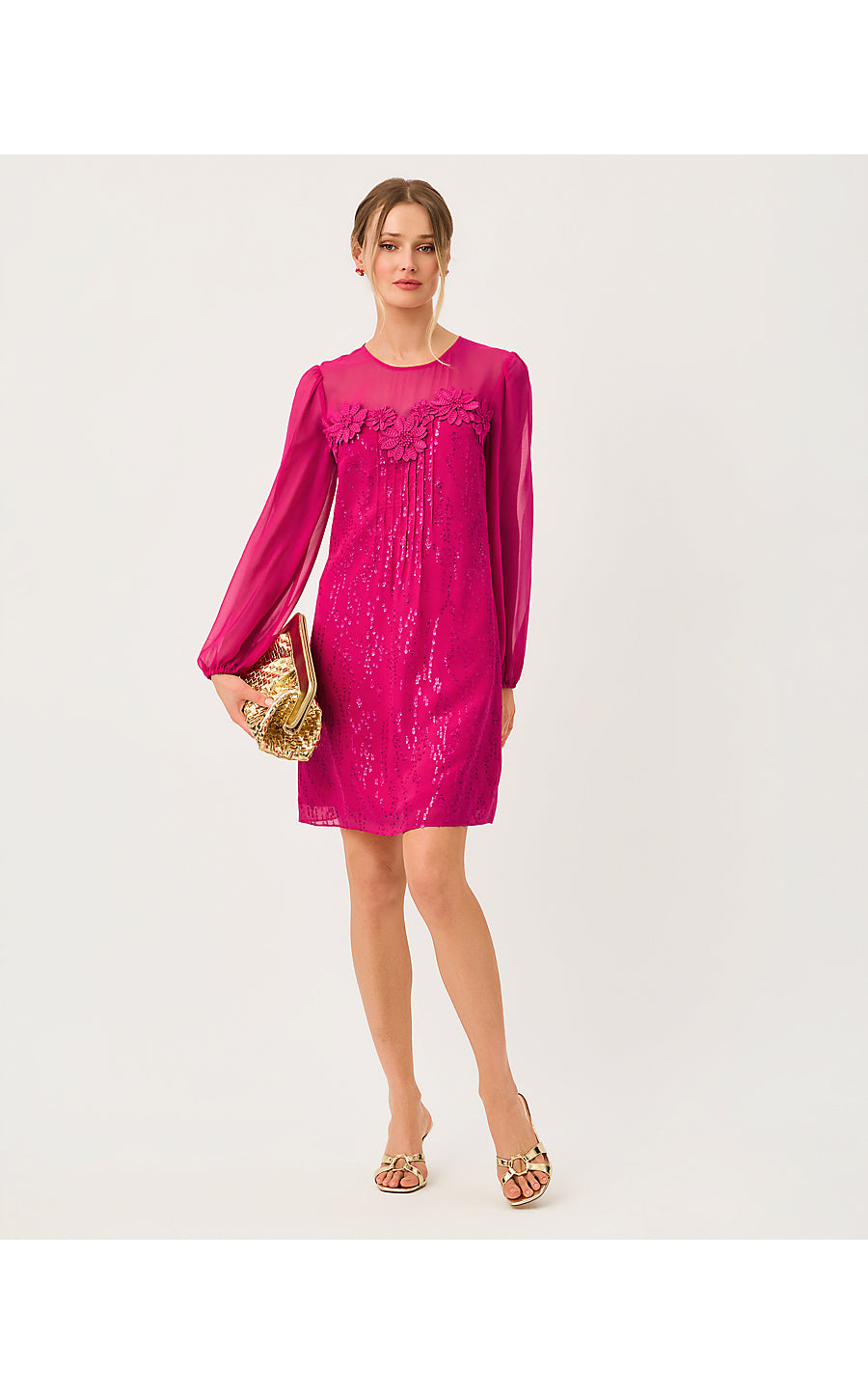 GAIL SILK DRESS, BERRY BOUQUET FISH CLIP CHIFFON