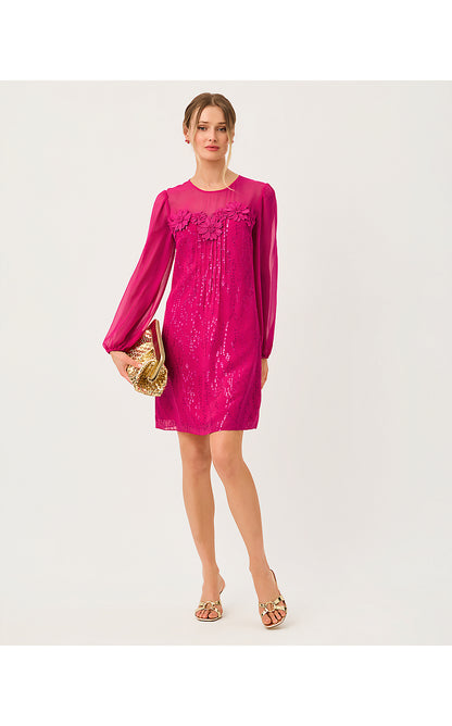 GAIL SILK DRESS, BERRY BOUQUET FISH CLIP CHIFFON