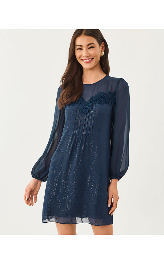 GAIL SILK DRESS, LOW TIDE NAVY FISH CLIP CHIFFON