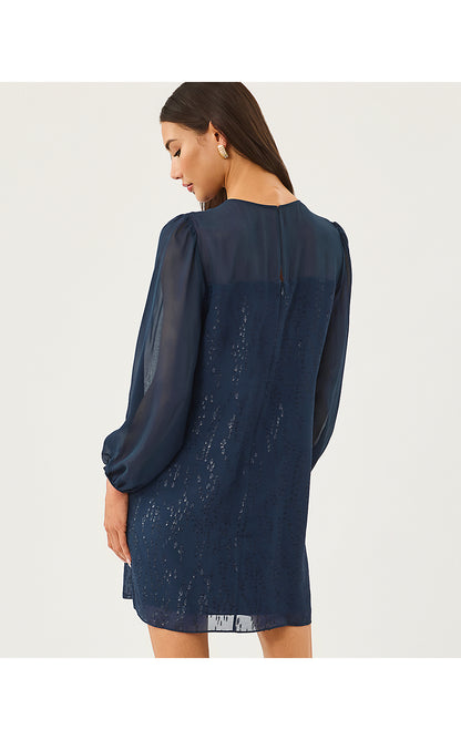 GAIL SILK DRESS, LOW TIDE NAVY FISH CLIP CHIFFON