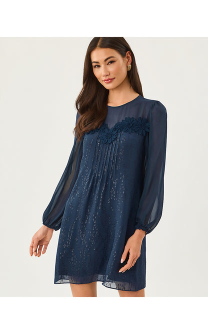 GAIL SILK DRESS, LOW TIDE NAVY FISH CLIP CHIFFON