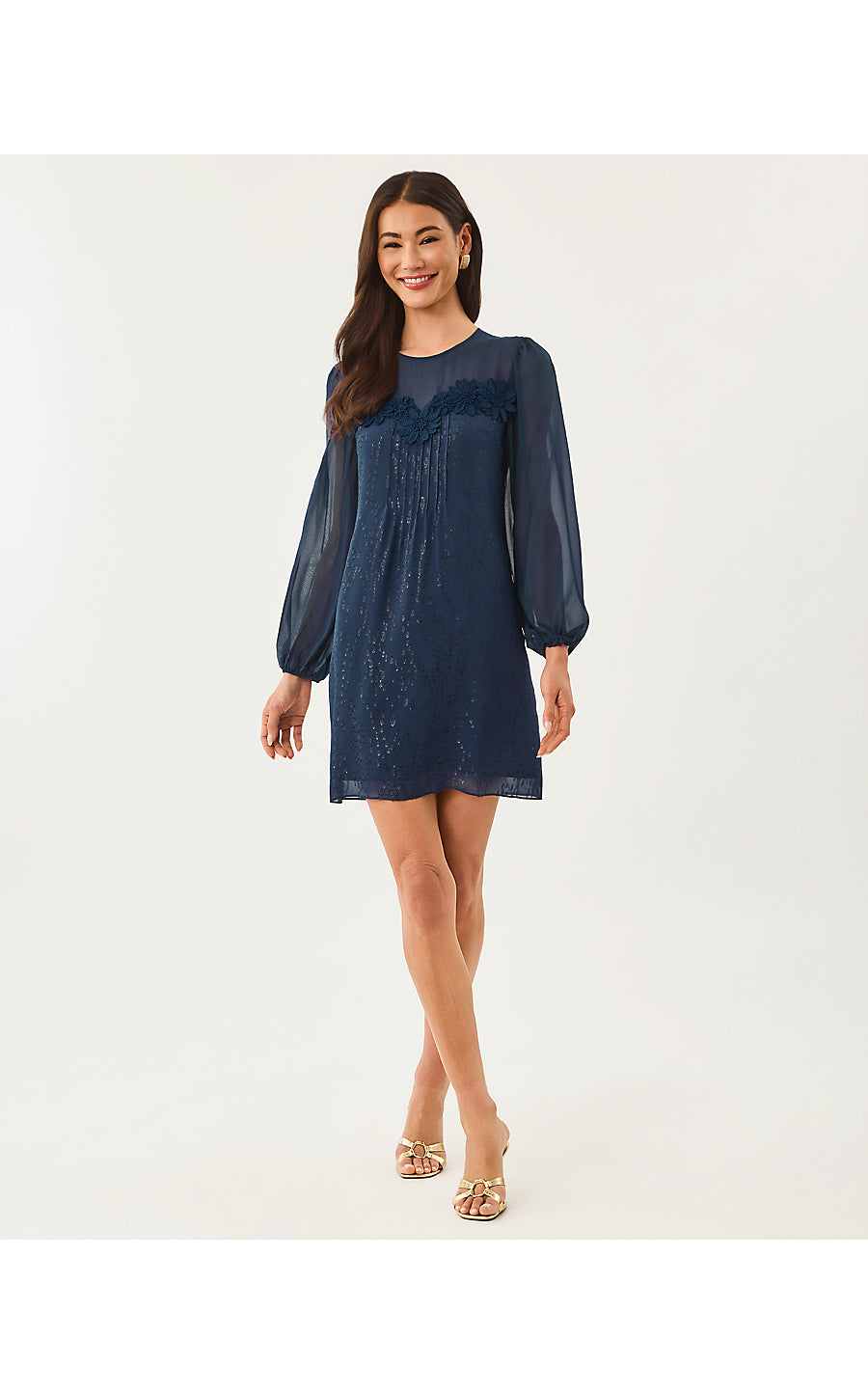 GAIL SILK DRESS, LOW TIDE NAVY FISH CLIP CHIFFON