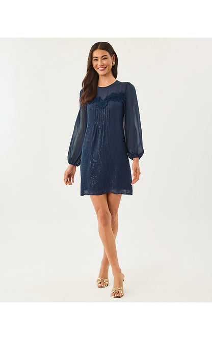 GAIL SILK DRESS, LOW TIDE NAVY FISH CLIP CHIFFON