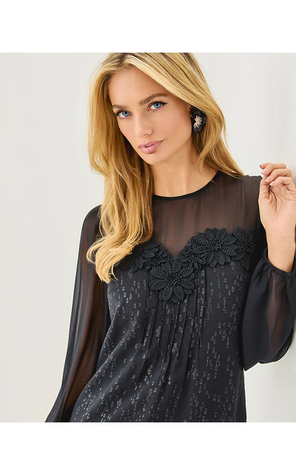 GAIL SILK DRESS, NOIR FISH CLIP CHIFFON
