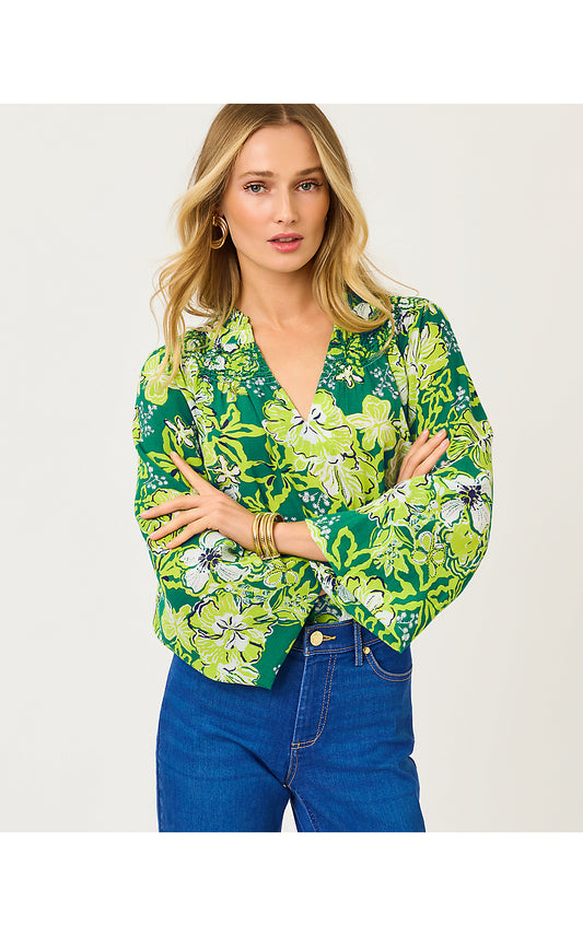 LOURDES LONG SLEEVE TOP, FIDDLE LEAF GREEN ONCE AND FLORAL